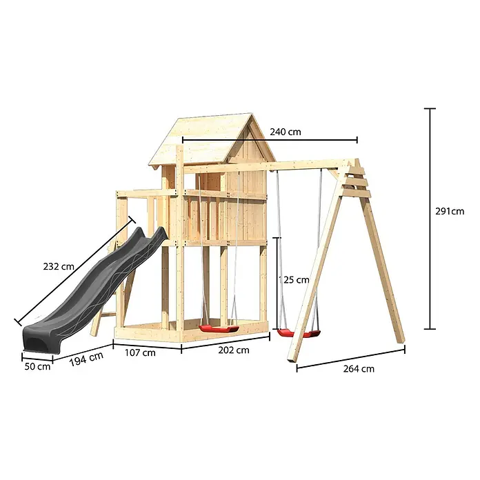 Karibu Spielhaus Set Frieda 59 - L x B x H: 107 x 107 x 291 cm, Holz, Naturbelassen - Dimensioniertes Holzspielgerät mit Spielhaus, grauer Rutsche und zwei roten Schaukeln.