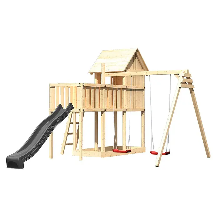 Karibu Spielhaus Set Frieda 58 - L x B x H: 107 x 107 x 291 cm, Holz, Naturbelassen - Holzspielturm mit erhöhtem Spielhaus, dunkelgrauer Rutsche und zwei roten Schaukeln.