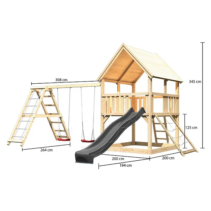 Karibu Kinderspielturm Set Luis 32 - L x B x H: 200 x 200 x 345 cm, Holz, Naturbelassen - Hölzernes Kinderspielhaus mit dunkler Rutsche, roten Schaukelsitzen und Kletterelementen.