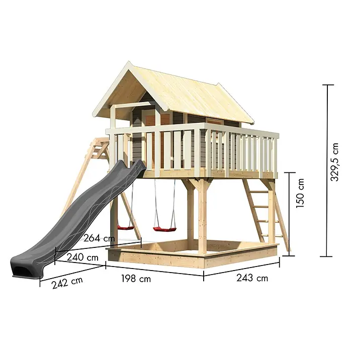 Karibu Spielhaus Set Fidel 21 - L x B x H: 243 x 198 x 329,5 cm, Holz, Terragrau - Hölzernes Outdoor-Spielset mit erhöhtem Spielhaus, Rutsche, zwei roten Schaukeln und Sandkasten darunter.