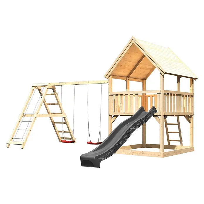 Karibu Kinderspielturm Set Luis 31 - L x B x H: 200 x 200 x 345 cm, Holz, Naturbelassen - Hölzerner Spielplatz mit Haus, grauer Rutsche und zwei roten Schaukeln.