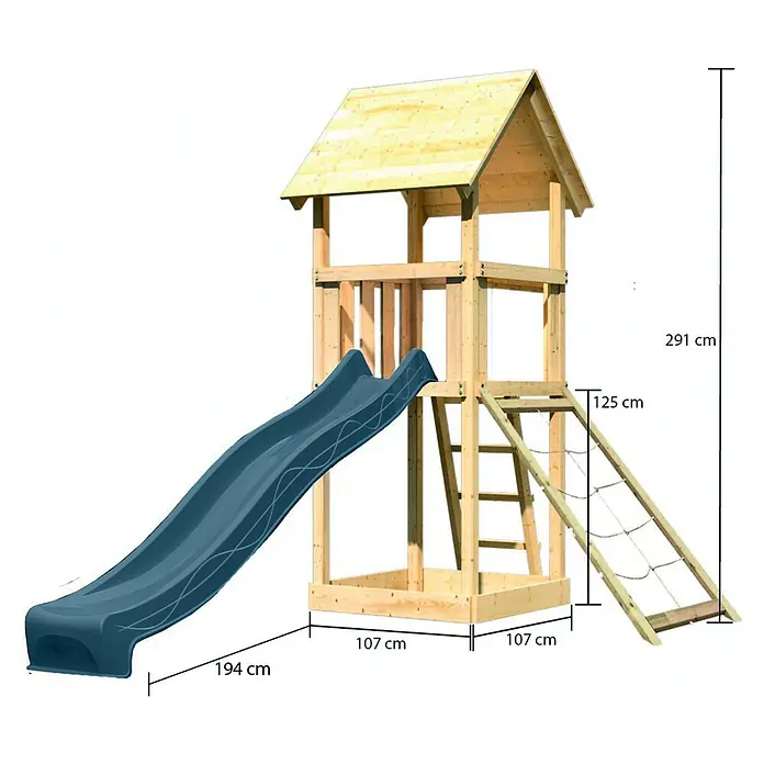 Karibu Kinderspielturm Set Lotti 55 - L x B x H: 107 x 107 x 291 cm, Holz, Naturbelassen - Hölzerner Spielturm mit blauer Wellenrutsche, Leiter und Seilnetz. Maße sind angegeben.