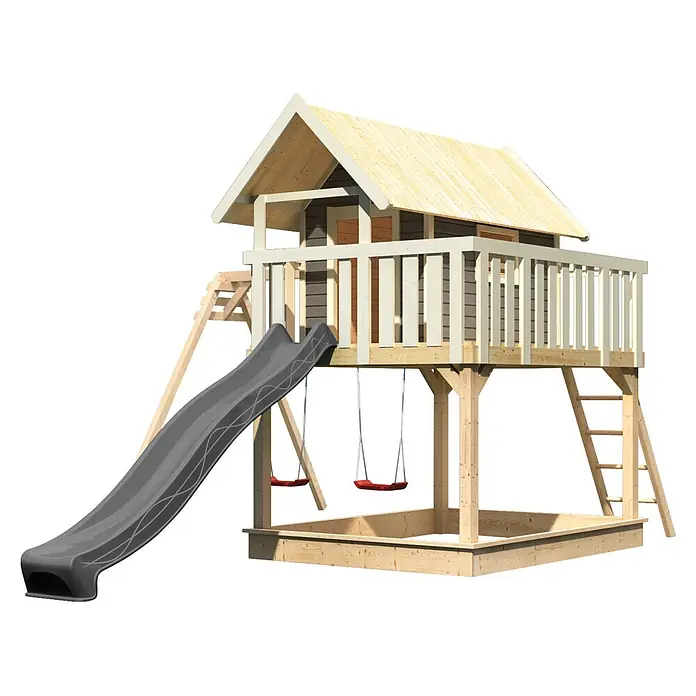 Karibu Spielhaus Set Fidel 21 - L x B x H: 243 x 198 x 329,5 cm, Holz, Terragrau - Holzspielhaus mit dunkelgrauer Rutsche, roten Schaukeln und integriertem Sandkasten.