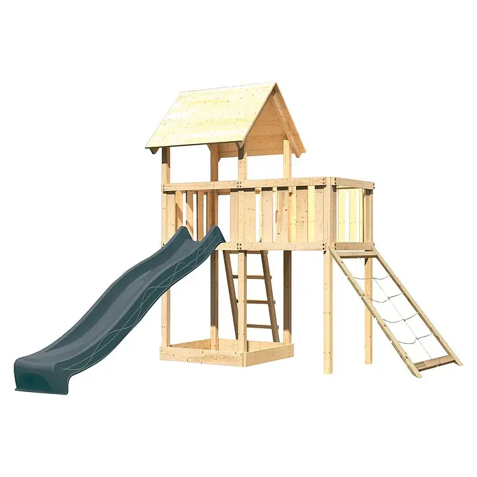 Karibu Kinderspielturm Set Lotti 72 - L x B x H: 107 x 107 x 291 cm, Holz, Naturbelassen - Kinder-Holzspielturm mit grauer Rutsche, Leiter und Kletternetz.