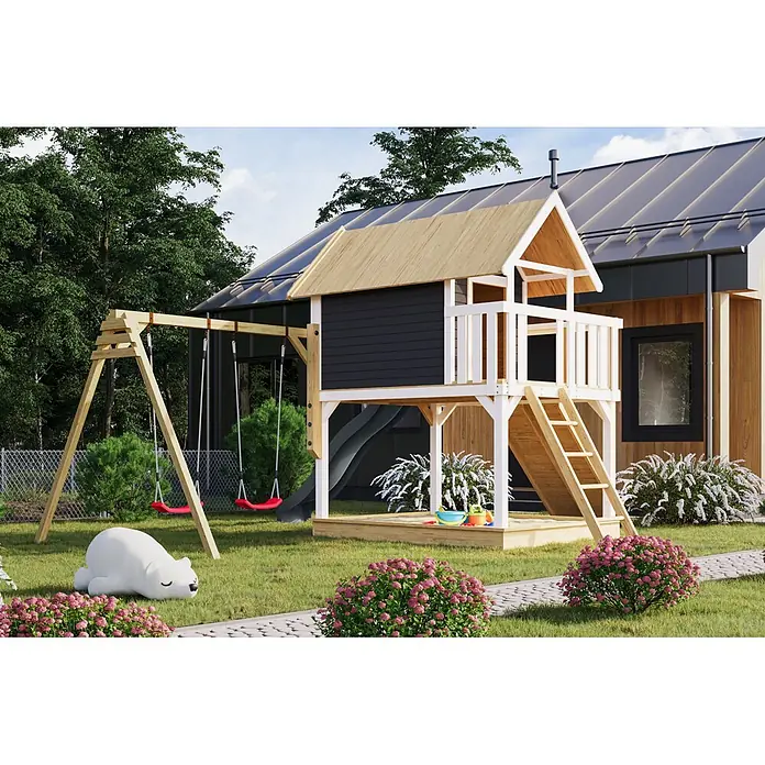 Karibu Spielhaus Set Fidel 21 - L x B x H: 243 x 198 x 329,5 cm, Holz, Terragrau - Erhöhtes Holz-Spielhaus mit schwarzer Verkleidung, weißen Geländern und roter Schaukel im Garten.