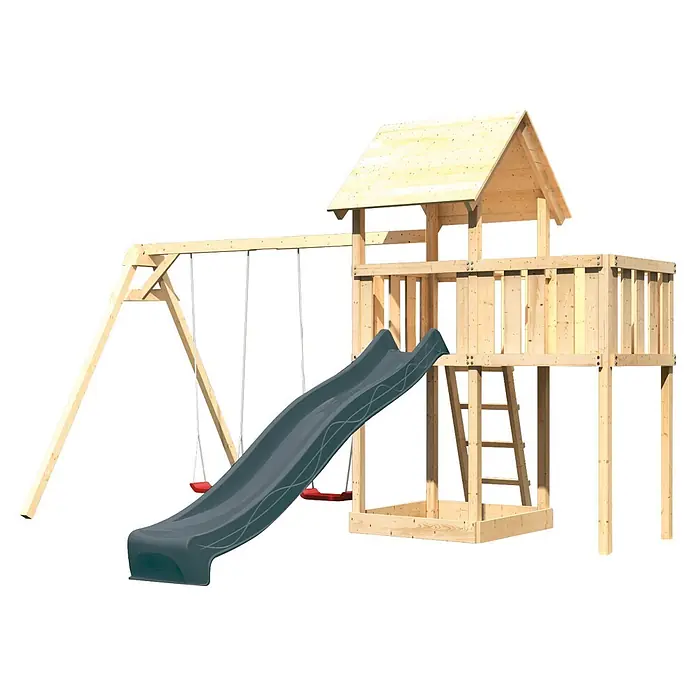 Karibu Kinderspielturm Set Lotti 65 - L x B x H: 107 x 107 x 291 cm, Holz, Naturbelassen - Holzspielturm mit dunkelgrauer Rutsche und roten Schaukeln.