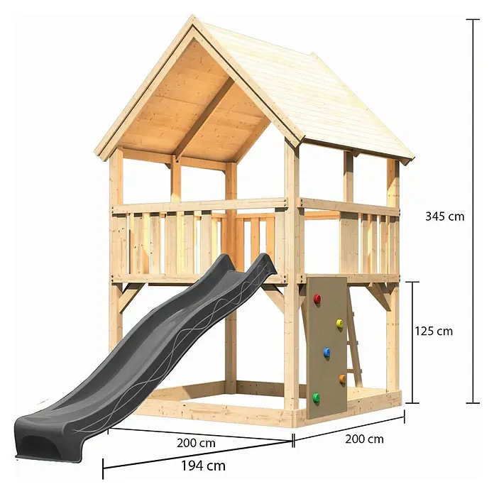 Karibu Kinderspielturm Set Luis 34 - L x B x H: 200 x 200 x 345 cm, Holz, Naturbelassen - Hölzernes Kinderspielhaus mit dunkelgrauer Rutsche und Kletterwand mit bunten Griffen für den Außenbereich.