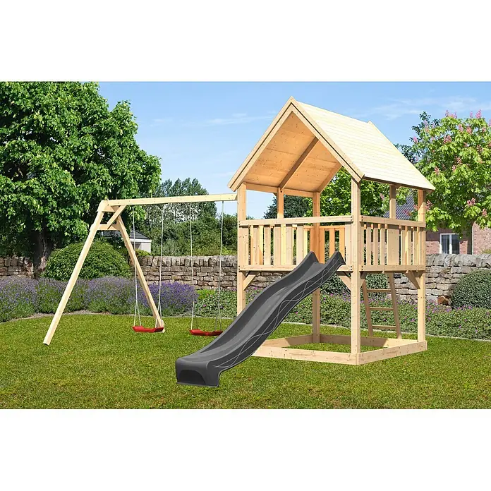 Karibu Kinderspielturm Set Luis 30 - L x B x H: 200 x 200 x 345 cm, Holz, Naturbelassen - Spielturm aus Holz mit grauer Rutsche und zwei roten Schaukeln im Garten.