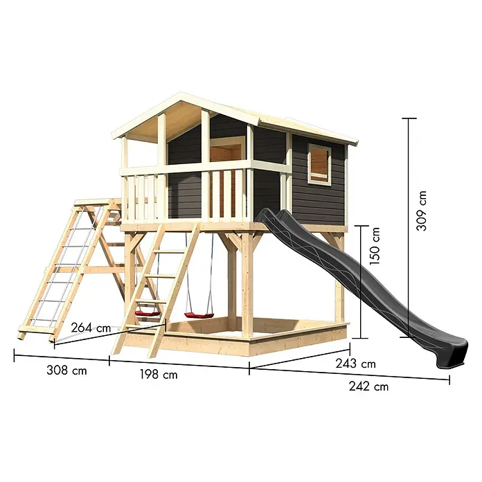 Karibu Spielhaus Benjamin Set 26 - L x B x H: 244 x 198 x 309 cm, Holz, Terragrau - Holzspielplatz mit dunkelgrauem Spielhaus, Naturholzdach, Leiter, Kletternetz, zwei Schaukeln, Sandkasten und schwarzer Rutsche, mit Maßen.