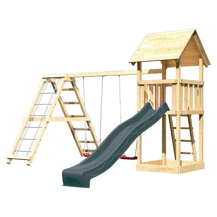 Karibu Kinderspielturm Set Lotti 61 - L x B x H: 107 x 107 x 291 cm, Holz, Naturbelassen - Helles Holzspielgerät mit dunkelgrauer Rutsche und roten Schaukeln.