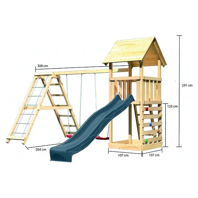 Karibu Kinderspielturm Set Lotti 71 - L x B x H: 107 x 107 x 291 cm, Holz, Naturbelassen - Hölzernes Spielgerüst mit blauer Rutsche, zwei roten Schaukeln und Kletterturm mit bunten Griffen.