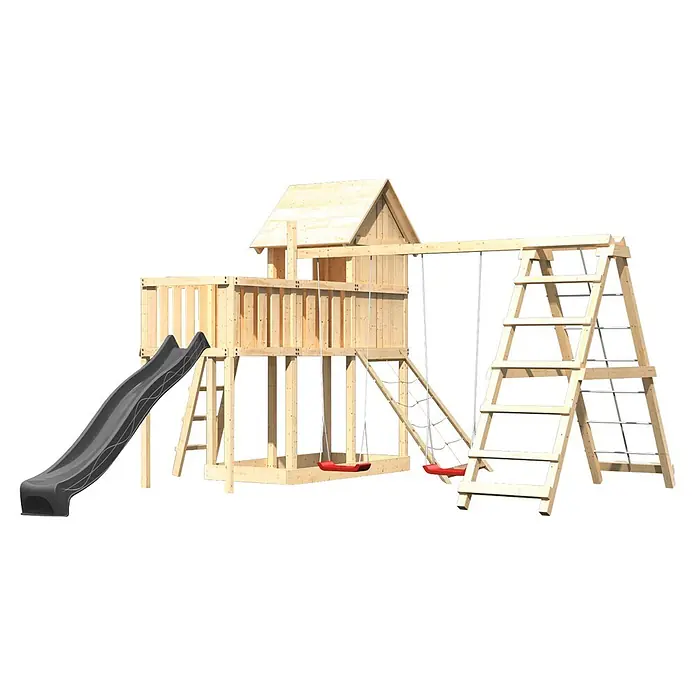Karibu Spielhaus Set Frieda 60 - L x B x H: 107 x 107 x 291 cm, Holz, Naturbelassen - Hölzernes Spielplatzset mit Spielhaus, dunkelgrauer Rutsche, zwei roten Schaukeln und Klettergerüsten.