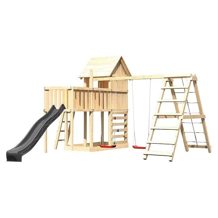 Karibu Spielhaus Set Frieda 57 - L x B x H: 107 x 107 x 291 cm, Holz, Naturbelassen - Holzspielplatz mit Turm, grauer Rutsche, Kletterwand und zwei roten Schaukeln, sowie einer separaten Leiterstruktur.