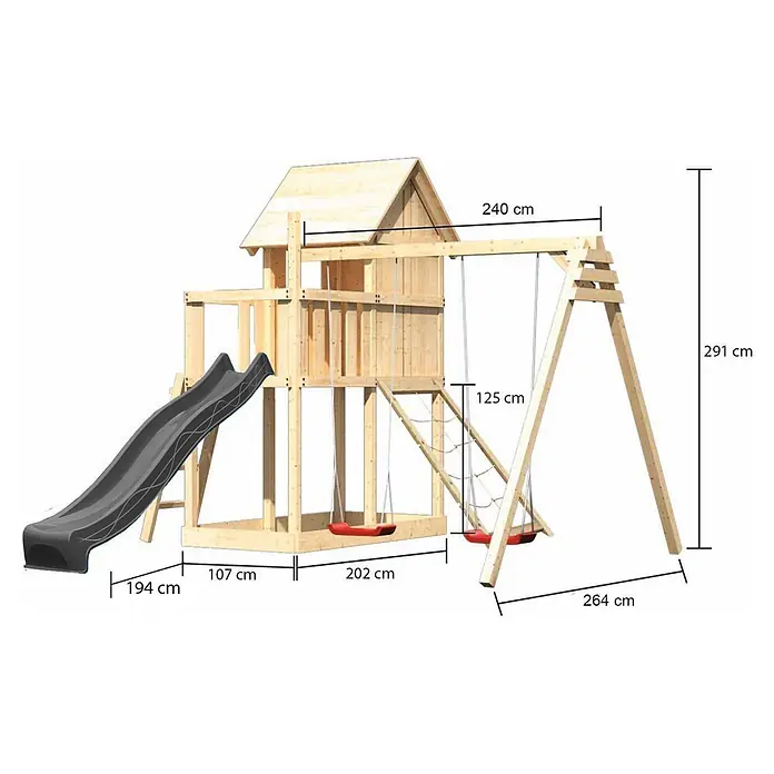 Karibu Spielhaus Set Frieda 63 - L x B x H: 107 x 107 x 291 cm, Holz, Naturbelassen - Hölzernes Kinderspielhaus mit grauer Rutsche und roten Schaukeln.