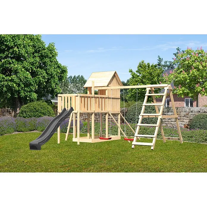 Karibu Spielhaus Set Frieda 60 - L x B x H: 107 x 107 x 291 cm, Holz, Naturbelassen - Großes Holzspielgerät mit Spielhaus, schwarzer Rutsche und zwei roten Schaukeln, ideal für den Garten.