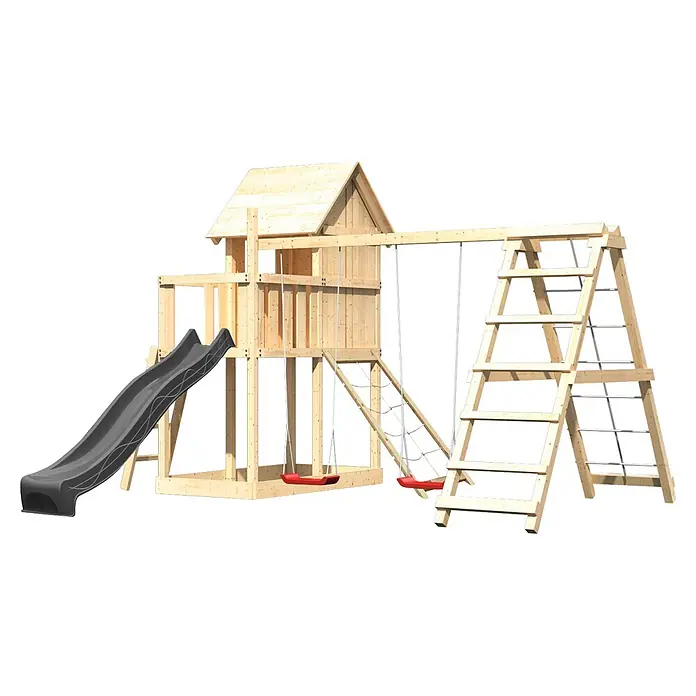Karibu Spielhaus Set Frieda 64 - L x B x H: 107 x 107 x 291 cm, Holz, Naturbelassen - Helles Holz-Kinderspielplatz-Set mit dunkler Rutsche, zwei roten Schaukeln und Klettergerüst.