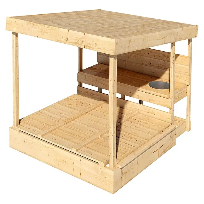 Karibu Sandkasten Max - 135,5 x 11,5 x 122,5 cm, Holz, Holzfarben - Sandkasten aus hellem Holz mit Schutzdach, integrierter Sitzbank und Metallspielschale.