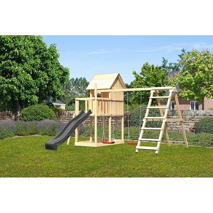Karibu Spielhaus Set Frieda 66 - L x B x H: 107 x 107 x 291 cm, Holz, Naturbelassen - Hölzernes Spielplatz-Set für den Garten mit Turm, dunkler Rutsche, zwei roten Schaukeln und einer Leiter.