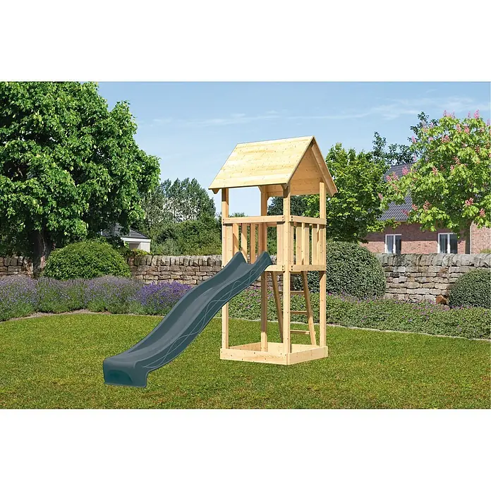 Karibu Kinderspielturm Set Lotti 56 - L x B x H: 107 x 107 x 291 cm, Holz, Naturbelassen - Spielturm aus Holz mit dunkelgrauer Rutsche.