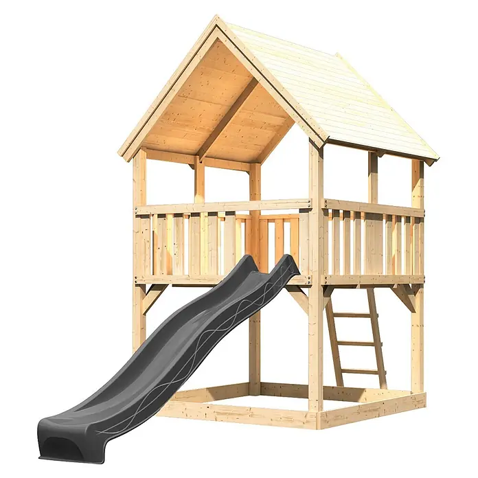 Karibu Kinderspielturm Set Luis 29 - L x B x H: 200 x 200 x 345 cm, Holz, Naturbelassen - Hölzernes Spielhaus in Naturholzoptik mit spitzem Dach, Balustrade und einer dunkelgrauen Rutsche für Kinder.