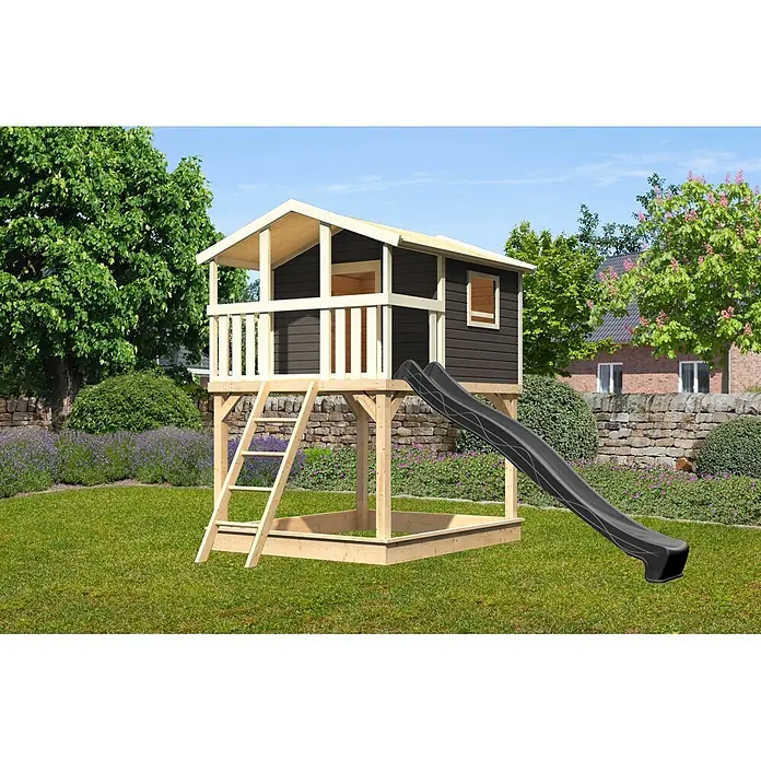 Karibu Spielhaus Benjamin Set 19 - L x B x H: 244 x 198 x 309 cm, Holz, Terragrau - Erhöhtes Holzspielhaus in Naturholz und Dunkelgrau mit Balkon, Leiter und schwarzer Rutsche.