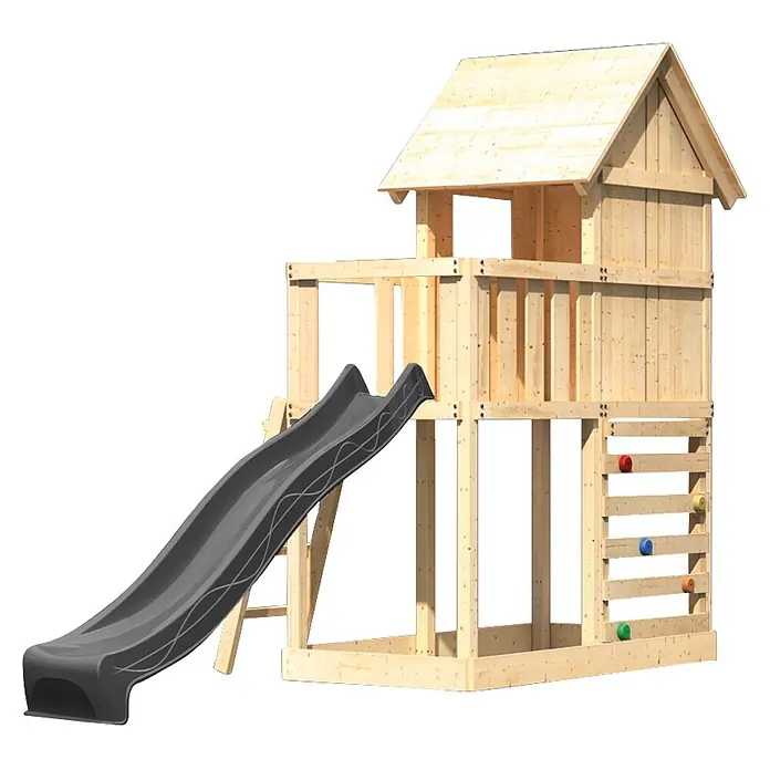 Karibu Spielhaus Set Frieda 71 - L x B x H: 107 x 107 x 291 cm, Holz, Naturbelassen - Hölzernes Spielhaus mit dunkler Rutsche und farbiger Kletterwand.
