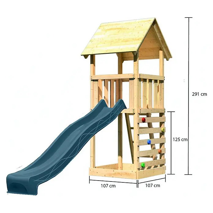 Karibu Kinderspielturm Set Lotti 59 - L x B x H: 107 x 107 x 291 cm, Holz, Naturbelassen - Hölzerner Spielturm mit blauer Rutsche und Kletterwand, ideal für den Spielplatz.