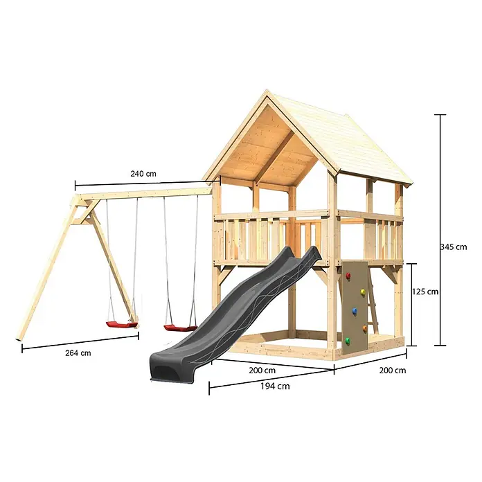 Karibu Kinderspielturm Set Luis 36 - L x B x H: 200 x 200 x 345 cm, Holz, Naturbelassen - Spielplatz aus Holz mit Spielhaus, dunkelgrauer Rutsche, roten Schaukeln und bunter Kletterwand.
