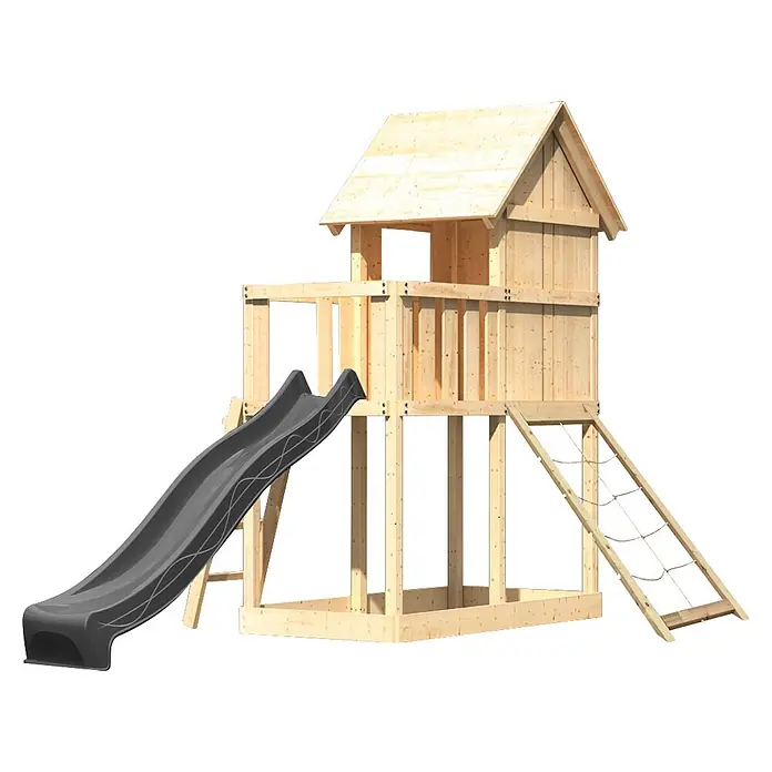 Karibu Spielhaus Set Frieda 68 - L x B x H: 107 x 107 x 291 cm, Holz, Naturbelassen - Spielhaus aus Holz mit dunkelgrauer Rutsche und Strickleiter für Kinderspiel im Freien.