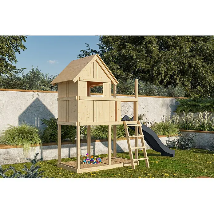Karibu Spielhaus Set Frieda 65 - L x B x H: 107 x 107 x 291 cm, Holz, Naturbelassen - Holzspielhaus mit dunkelgrauer Rutsche und Sandkasten, in einem sonnigen Garten.