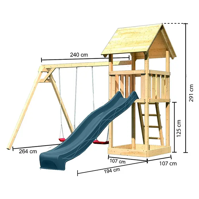 Karibu Kinderspielturm Set Lotti 58 - L x B x H: 107 x 107 x 291 cm, Holz, Naturbelassen - Hölzerner Spielplatz mit blauer Rutsche, Turm und Schaukelset für den Außenbereich.