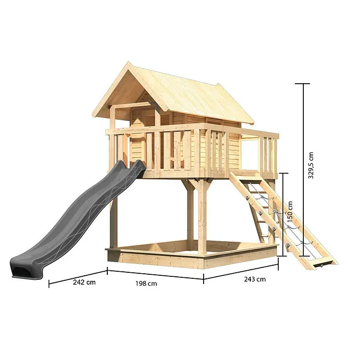 Karibu Spielhaus Set Fidel 24 - L x B x H: 243 x 198 x 329,5 cm, Holz, Naturbelassen - Hölzernes Kinderspielhaus mit erhöhter Plattform, grauer Rutsche, Strickleiter und integriertem Sandkasten.