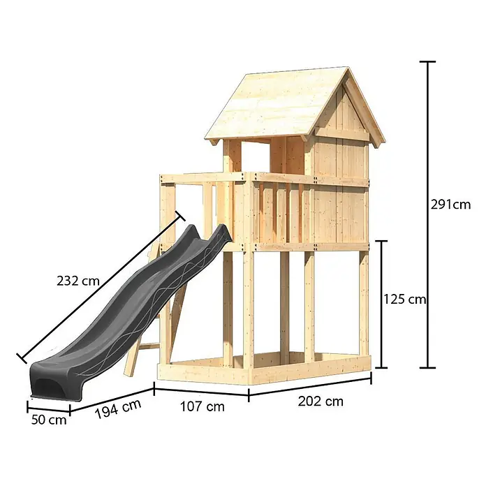Karibu Spielhaus Set Frieda 65 - L x B x H: 107 x 107 x 291 cm, Holz, Naturbelassen - Hölzernes Kinderspielhaus mit erhöhter Plattform und grauer Kunststoffrutsche.