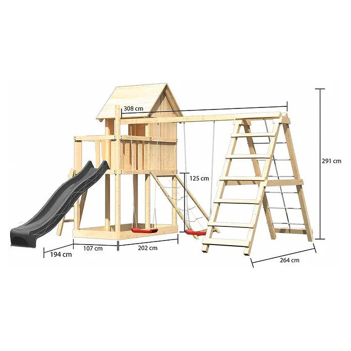 Karibu Spielhaus Set Frieda 64 - L x B x H: 107 x 107 x 291 cm, Holz, Naturbelassen - Hölzernes Kinderspielset mit Spielturm, dunkelgrauer Rutsche, zwei roten Schaukeln, Kletternetz und A-Leiter.
