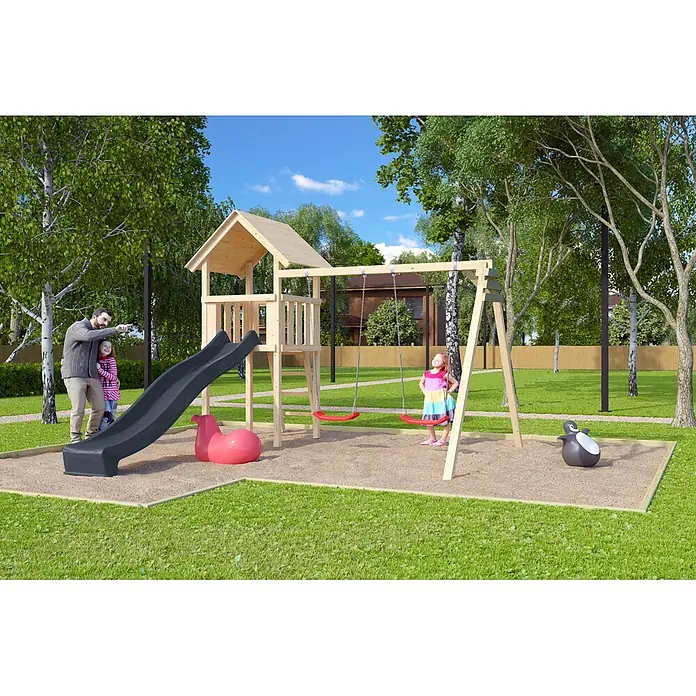Karibu Kinderspielturm Set Lotti 58 - L x B x H: 107 x 107 x 291 cm, Holz, Naturbelassen - Holzspielplatz mit dunkler Rutsche, roten Schaukeln und Spielhaus, von Kindern in einem Park genutzt.