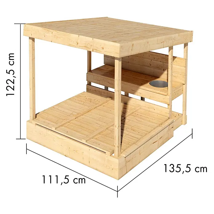 Karibu Sandkasten Max - 135,5 x 11,5 x 122,5 cm, Holz, Holzfarben - Natürliche Holzsandkiste mit Schutzdach, integrierter Sitzbank und Metallspielschale.