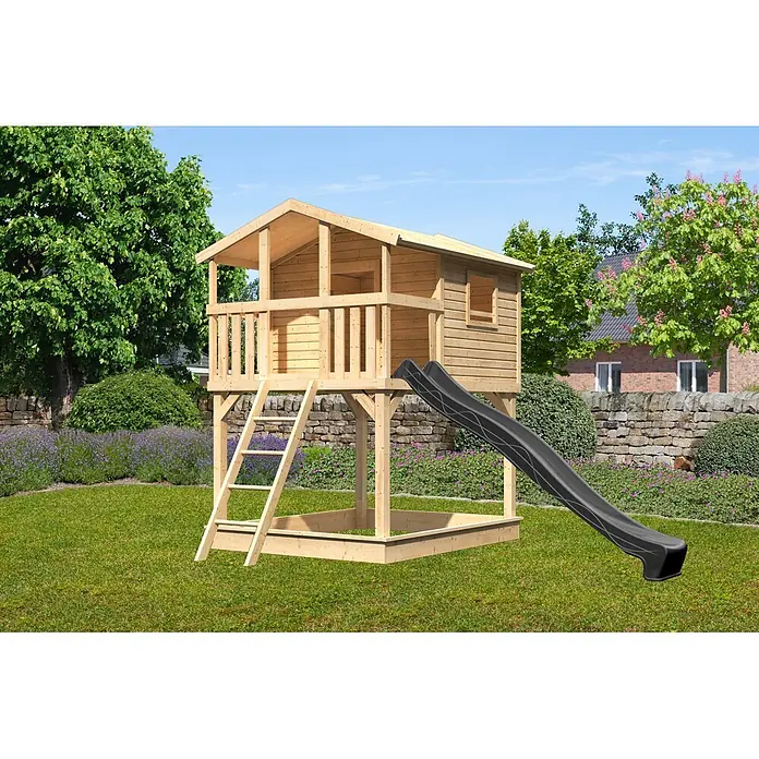 Karibu Spielhaus Benjamin Set 21 - L x B x H: 244 x 198 x 309 cm, Holz, Naturbelassen - Holzspielhaus in Naturholzoptik, mit schwarzer Rutsche und Leiter.