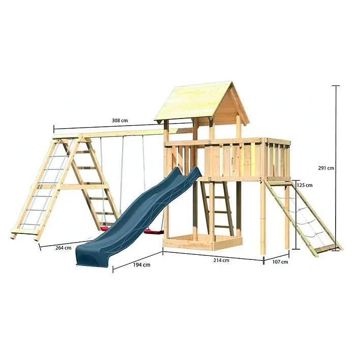 Karibu Kinderspielturm Set Lotti 64 - L x B x H: 107 x 107 x 291 cm, Holz, Naturbelassen - Hölzerner Kinderspielplatz mit blauer Rutsche, Schaukeln und Kletterhaus. Robuste Holzkonstruktion.