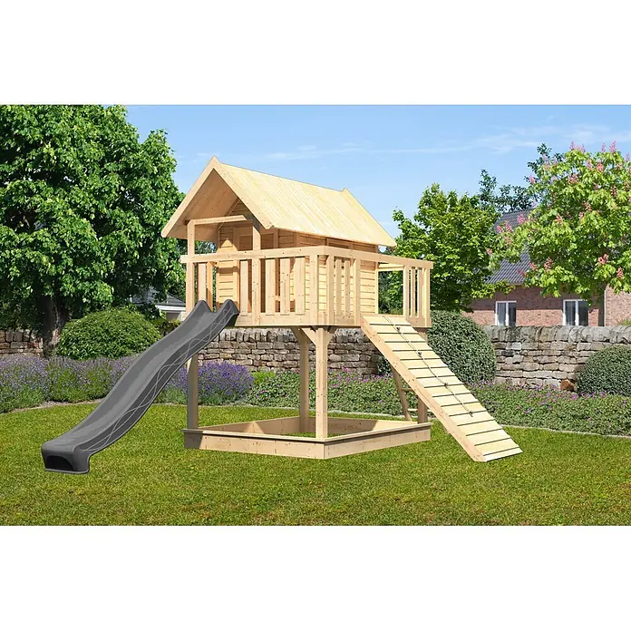 Karibu Spielhaus Set Fidel 20 - L x B x H: 243 x 198 x 329,5 cm, Holz, Naturbelassen - Hölzernes Spielhaus mit grauer Rutsche, Sandkasten und Kletterrampe.