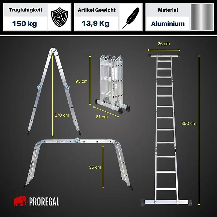 Proregal Leitergerüst Sprossen-Mehrzweckleiter MULTISTEP mit Gerüstplattform - Belastbarkeit Plattform: 150 kg - Silberne Multifunktions-Aluminiumleiter in A-Form, gerade, zusammengeklappt und als Plattform. Daten: 13,9 kg, 150 kg Tragkraft, max. 350 cm Höhe.