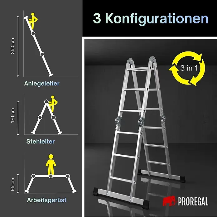 Proregal Leitergerüst Sprossen-Mehrzweckleiter MULTISTEP mit Gerüstplattform - Belastbarkeit Plattform: 150 kg - Vielseitige Aluminiumleiter in 3 Konfigurationen: Anlegeleiter (350cm), Stehleiter (170cm) und Arbeitsgerüst (95cm).