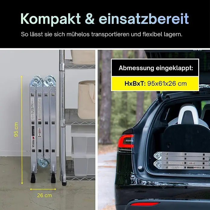 Proregal Leitergerüst Sprossen-Mehrzweckleiter MULTISTEP mit Gerüstplattform - Belastbarkeit Plattform: 150 kg - Zusammengeklappte, silberne Aluminiumleiter, die kompakt neben einem Regal steht und in einem Kofferraum verstaut ist. Maße: 95x61x26 cm.