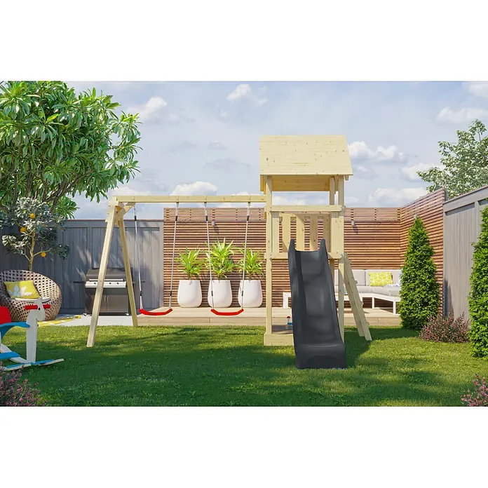 Karibu Kinderspielturm Set Lotti 58 - L x B x H: 107 x 107 x 291 cm, Holz, Naturbelassen - Hölzernes Spielplatz-Set mit dunkelgrauer Rutsche und roten Schaukeln.