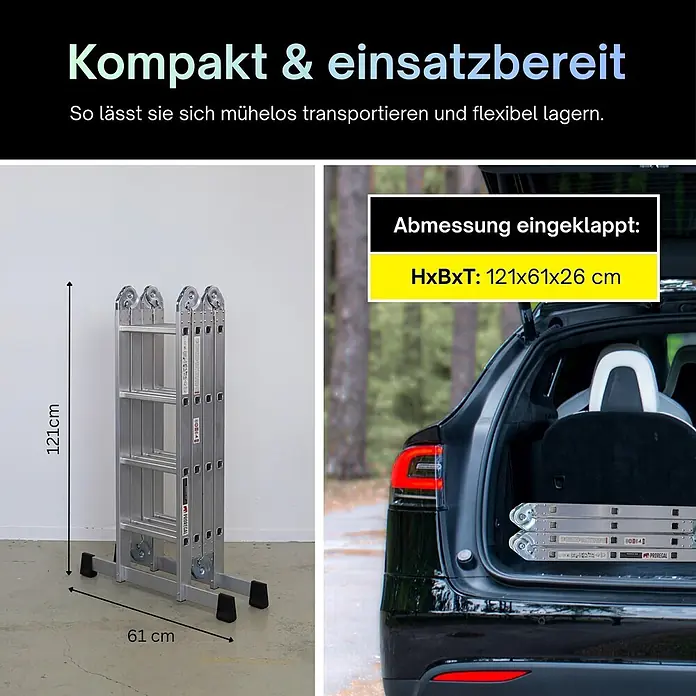 Proregal Leitergerüst Sprossen-Mehrzweckleiter MULTISTEP mit Gerüstplattform - Belastbarkeit Plattform: 150 kg - Kompakte, silberne Aluminium-Klappleiter, 121x61x26 cm zusammengeklappt, passt in den Kofferraum.