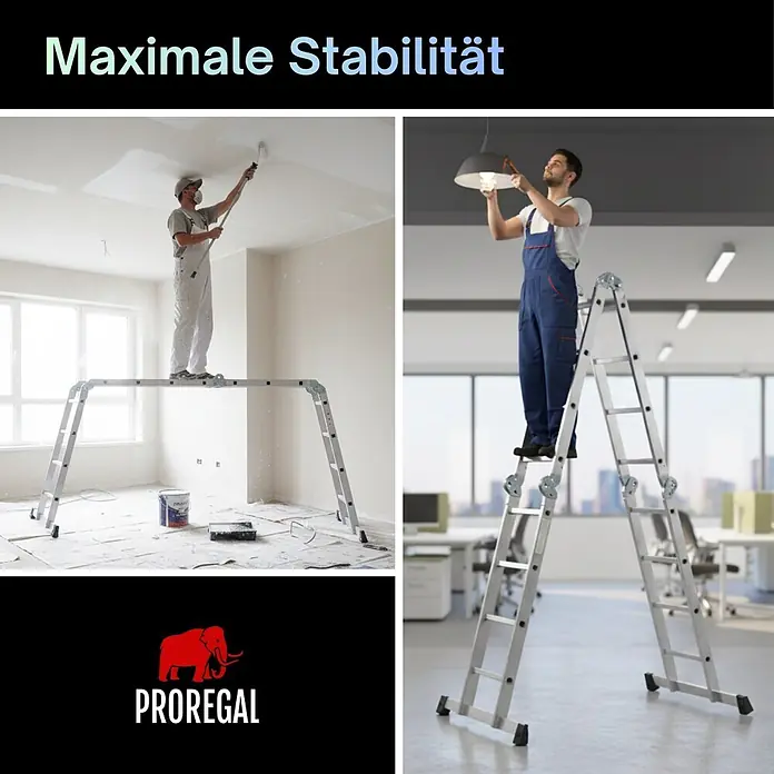 Proregal Leitergerüst Sprossen-Mehrzweckleiter MULTISTEP mit Gerüstplattform - Belastbarkeit Plattform: 150 kg - Aluminium-Mehrzweckleiter/Gerüst in Benutzung, Mann streicht Decke, anderer wechselt Lampe.
