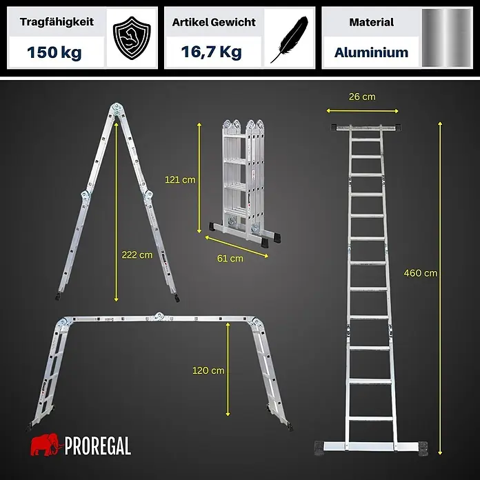 Proregal Leitergerüst Sprossen-Mehrzweckleiter MULTISTEP mit Gerüstplattform - Belastbarkeit Plattform: 150 kg - Silberne Aluminium-Mehrzweckleiter mit 150kg Tragfähigkeit und 16,7kg Gewicht, in verschiedenen Konfigurationen wie Stehleiter und Anlegeleiter gezeigt.