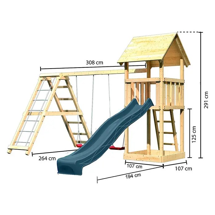 Karibu Kinderspielturm Set Lotti 61 - L x B x H: 107 x 107 x 291 cm, Holz, Naturbelassen - Spielturm aus Holz mit dunkelblauer Rutsche, zwei Schaukeln und erhöhtem Spielhaus.