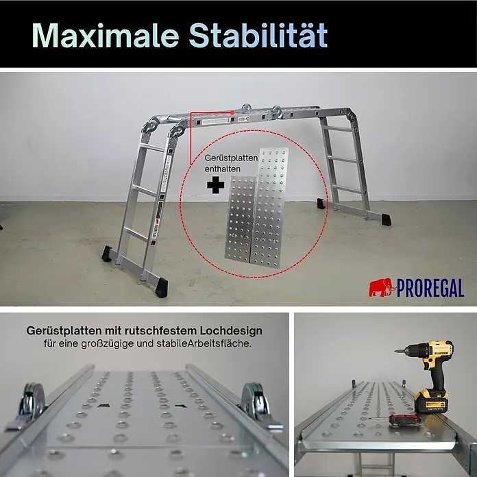 Proregal Leitergerüst Sprossen-Mehrzweckleiter MULTISTEP mit Gerüstplattform - Belastbarkeit Plattform: 150 kg - Aluminium-Mehrzweckleiter mit zwei rutschfesten Lochplatten, als Gerüst aufgebaut.