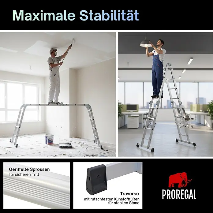 Proregal Leitergerüst Sprossen-Mehrzweckleiter MULTISTEP mit Gerüstplattform - Belastbarkeit Plattform: 150 kg - Mehrzweck-Aluminiumleiter als Gerüst und Stehleiter im Einsatz, mit geriffelten Sprossen und rutschfesten Füßen für maximale Stabilität.