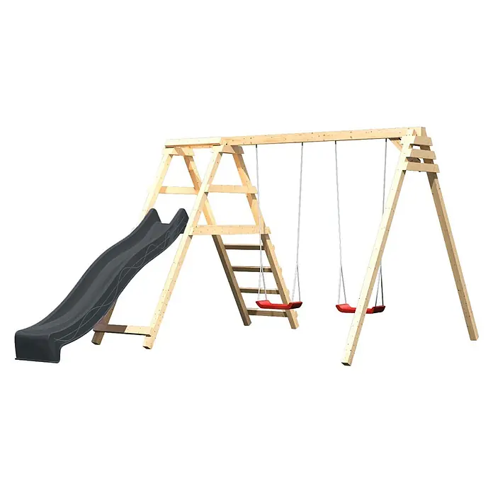 Karibu Doppelschaukel Felix mit Rutsche - L x B x H: 308 x 264 x 213 cm, Holz, Naturbelassen - Holzschaukel- und Rutschspielplatz mit hellem Holzrahmen, dunkelgrauer Rutsche und zwei roten Schaukeln.